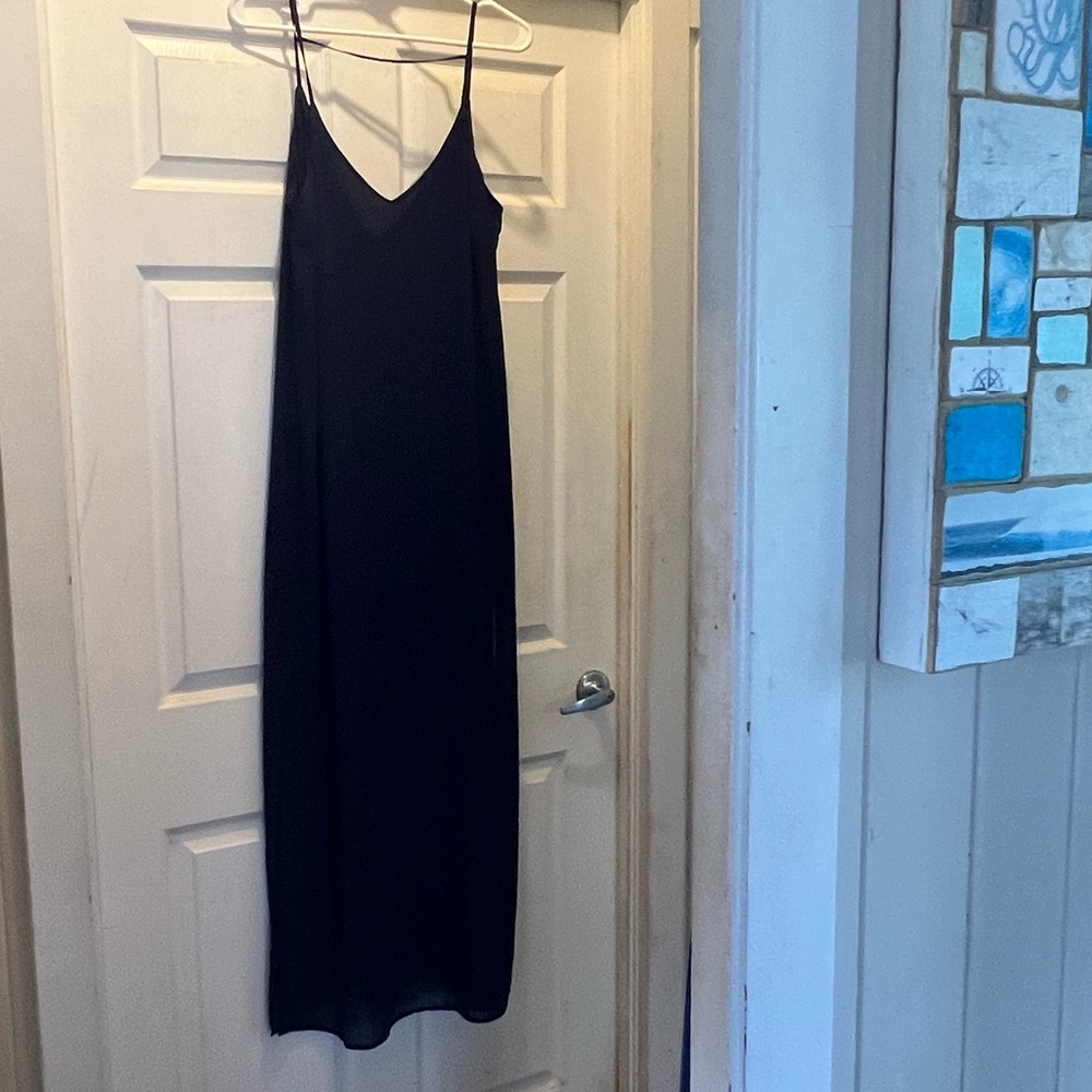 Long dark blue dress.